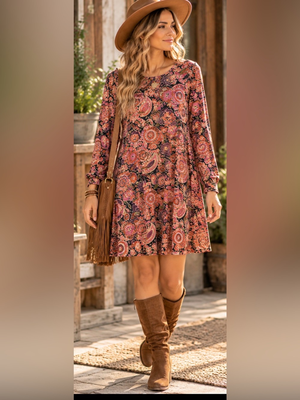 Natural Life Boho Paisley Floral Long Sleeve Swing Dress